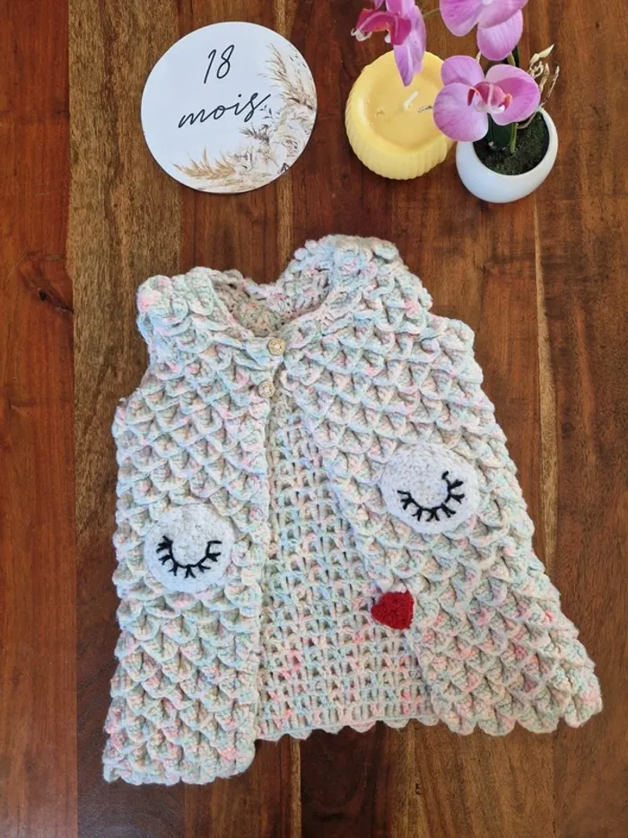 Gilet sans manches crocheté main chouette 18 mois - photo numéro 3