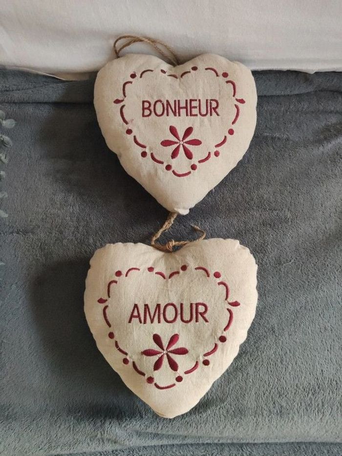 2 grand coeur en Lin brodé bonheur et amour