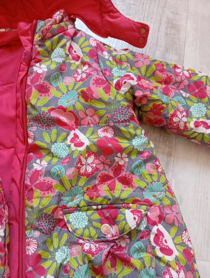 Manteau doudoune réversible 36 mois 3 ans motif fleurs ou uni - photo numéro 5