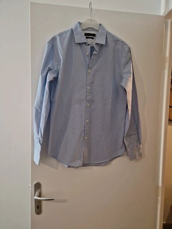 Chemise homme manche longue slim fit bleu clair blanc rayé TBE taille S celio