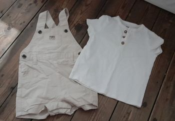 Salopette short lin beige et tee shirt 9 mois ete