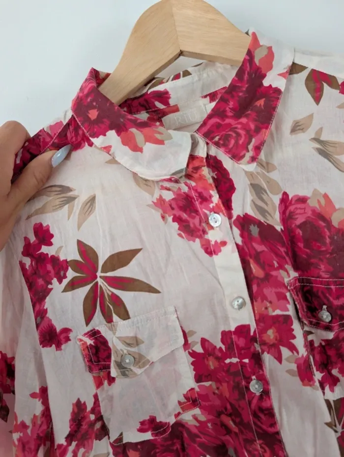 Chemise légère en coton blanche à fleurs roses Jacqueline Riu Taille 38 - photo numéro 7