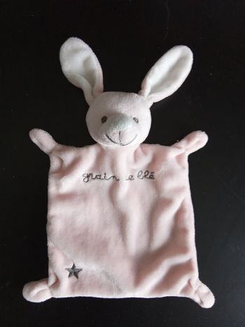 Doudou lapin, rectangle bébé fille rose pâle, blanc, marque grain de blé