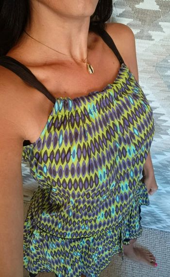 Robe d'été Chattawak 40 violet, marron et vert style hippie 70's 100% coton avec volants