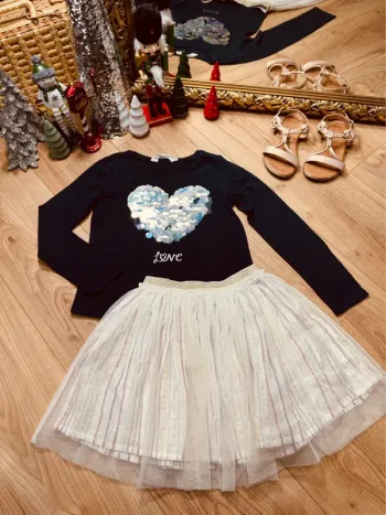 Taille 8 ans tenue 2 pièces fille Tao H&M bleu marine crème * gros sequins réversibles * 🎄