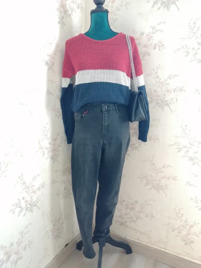 Pull fin en maille ajouré tricolore bleu blanc rouge / gémo / (M) - photo numéro 2