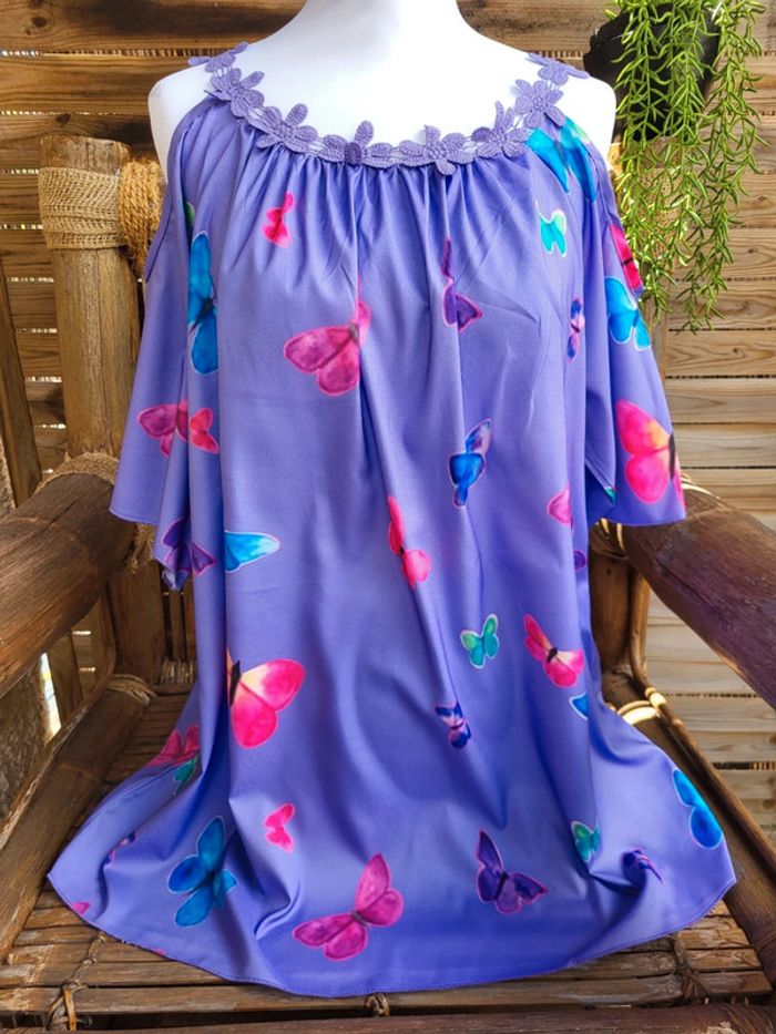 Blouse fluide broderie papillon violet multicolore taille 50 - photo numéro 2