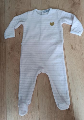 Pyjama Velour Blanc à rayures roses motif coeur pailleté FPC Taille 12 mois - 74 cm