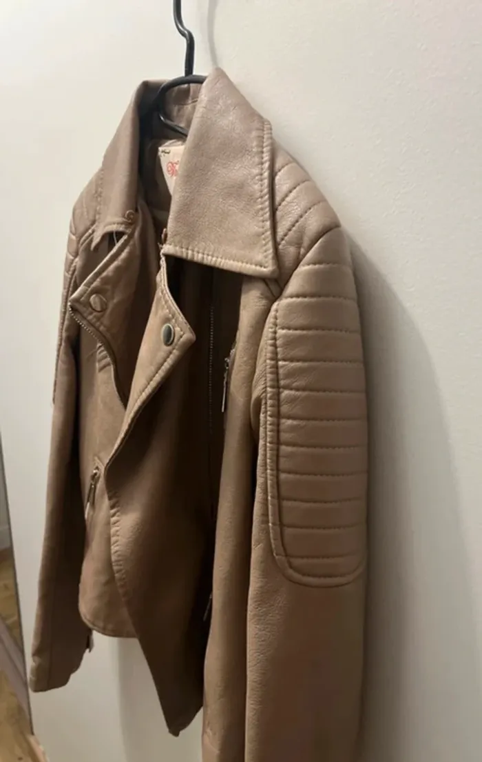 Perfecto simili cuir beige femme biker chic rock automne mi-saison blouson veste zippée motarde T38 - photo numéro 4