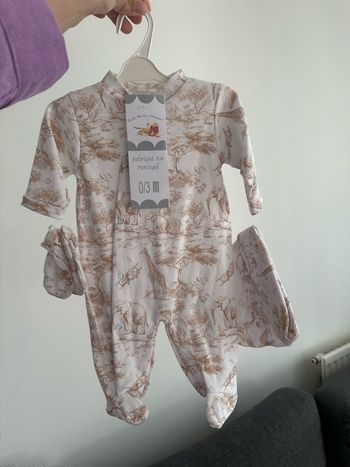 Ensemble 3 pièces beige 0/3mois bébé naissance thème safari toile de jouy gaze de coton  neuf 