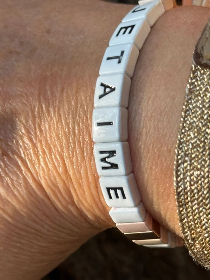 Bracelet élastique perles carrées or blanches roses je t’aime Mile Mila - photo numéro 6