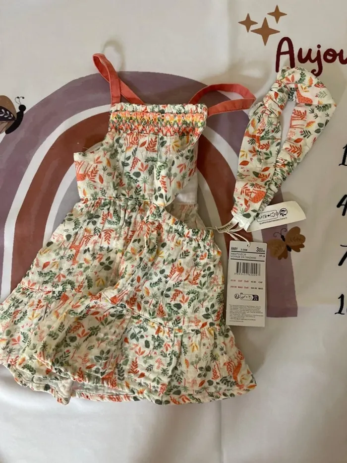 Robe + bandeau bébé fille – 3 mois / 60 cm – Orchestra 🦁(neuf avec étiquette) - photo numéro 2