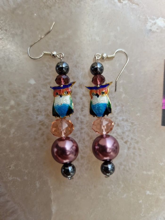Boucles D'oreilles Hibou Perles Roses Grises Cristal - photo numéro 8