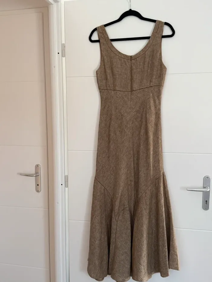 Robe longue marron bretelles été volant zip midi woman donna mujer 40 lin taupe Kleid dress Vestido - photo numéro 2