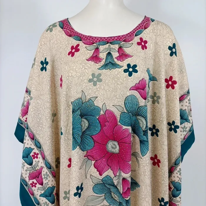 Tunique robe indienne 100 % soie longue imprimé fleuri coloré taille L ethnique bohème A148 - photo numéro 6