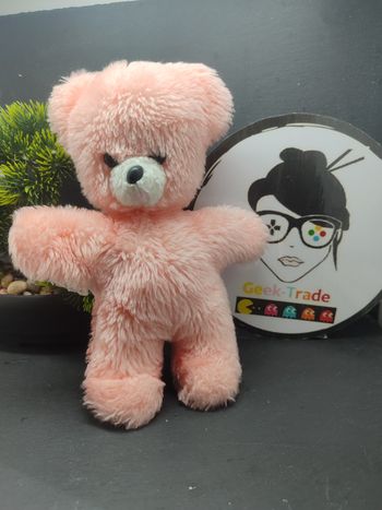 486 vintage doudou peluche ours saumon rose Boulgom doudou hochet grelot ancien 