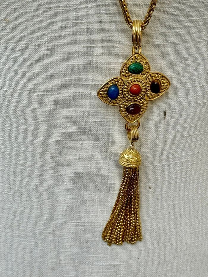 Collier sautoir réglable trèfle croix perles naturelles pompon xl acier inoxydable or habaha Paris - photo numéro 5