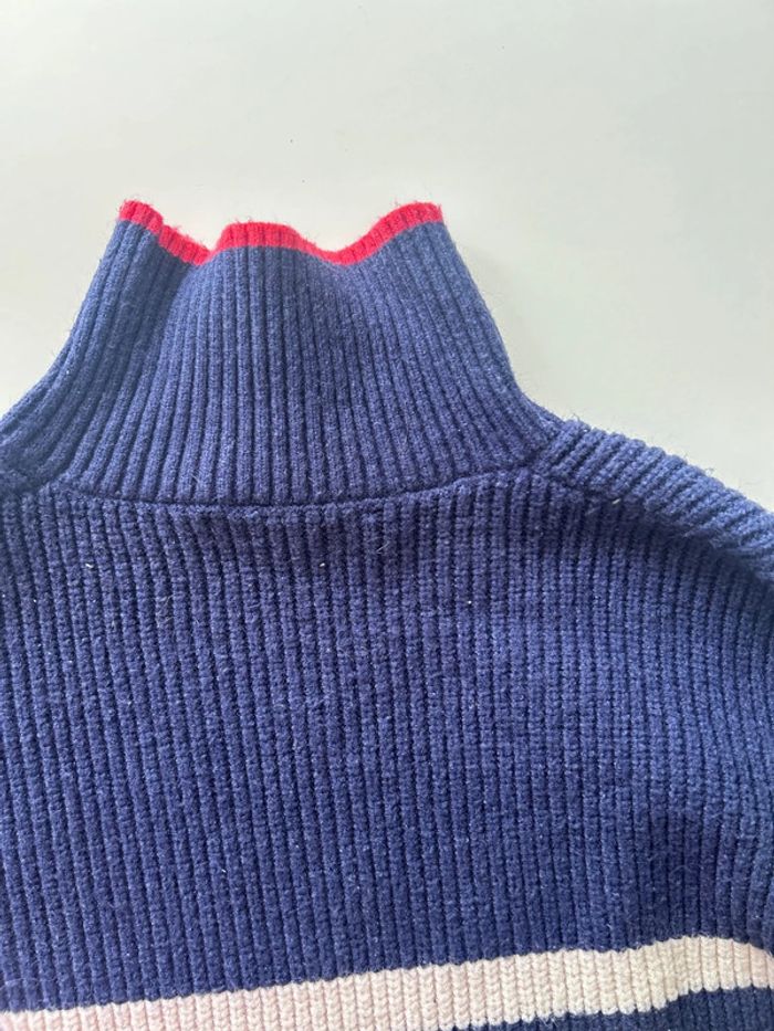 Pull hiver marinière col roulé rayures rouges bleu blanches