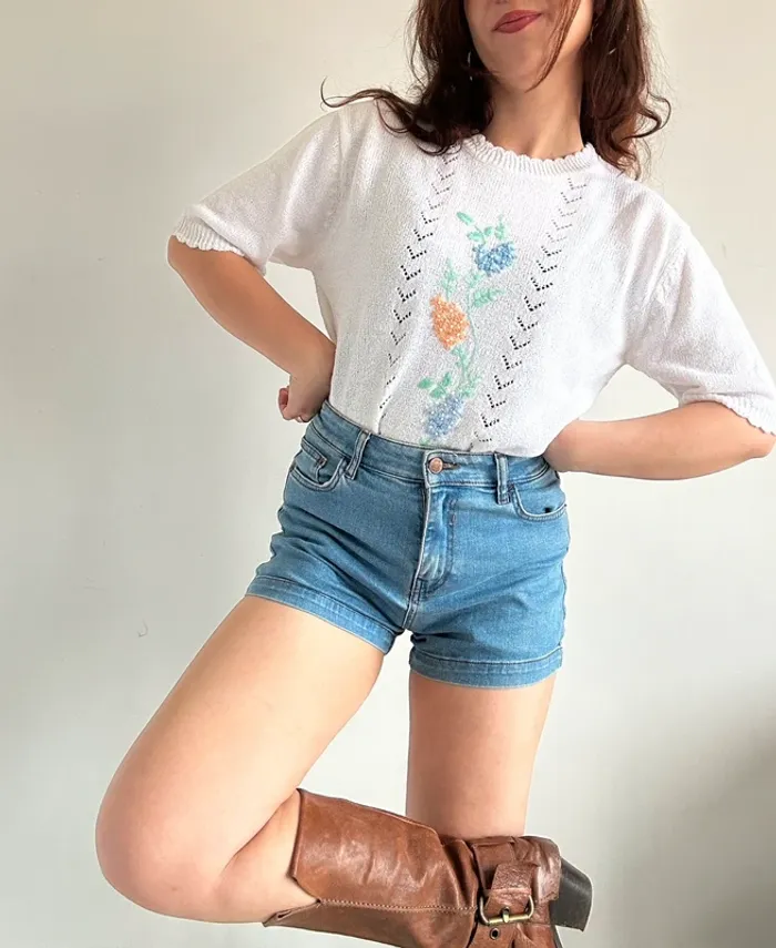 Pull blanc à manches courtes brodé taille M - photo numéro 3