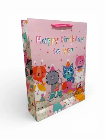 Sac cadeau “Joyeux anniversaire à toi” motif chats Violet 33 x 45,5 x 10 cm NEUF