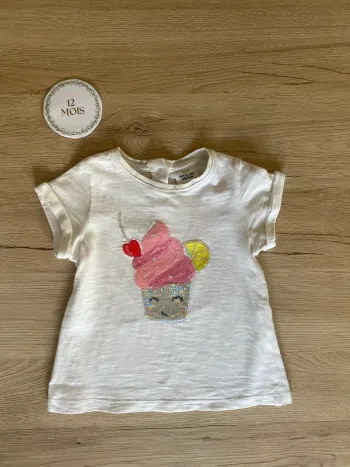 Tee-shirt blanc manche courte sequin glace bébé fille 12 mois Tape à l’œil