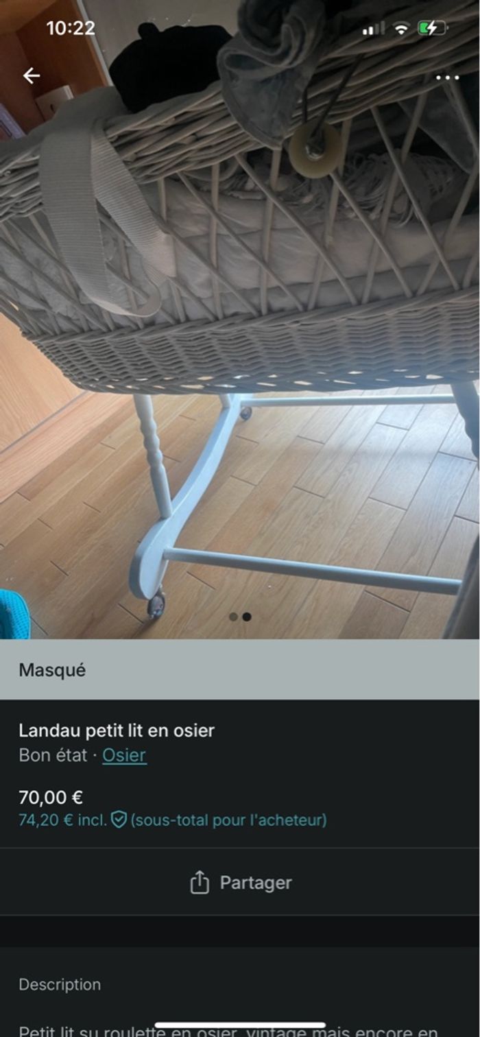 Berceau, andeau , petit lit sur pieds  en osier - photo numéro 2