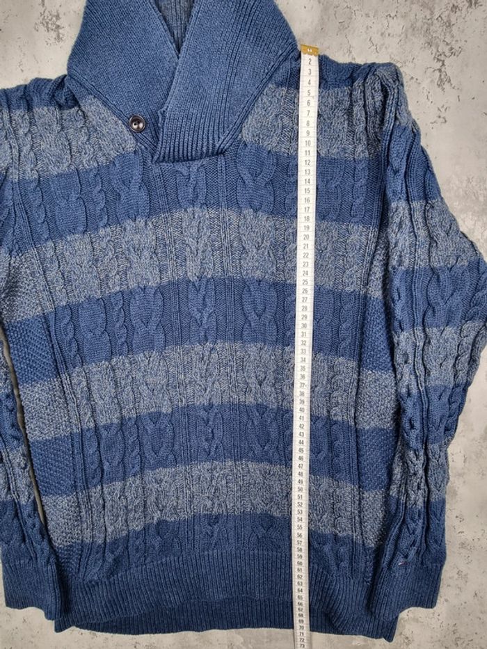 Pull col châle torsadé Tommy Hilfiger rayé bleu & gris – Taille M Homme (mesures en photos) - photo numéro 7