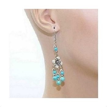 Boucles D'oreilles Pendantes Métal Argenté & Turquoises Véritables