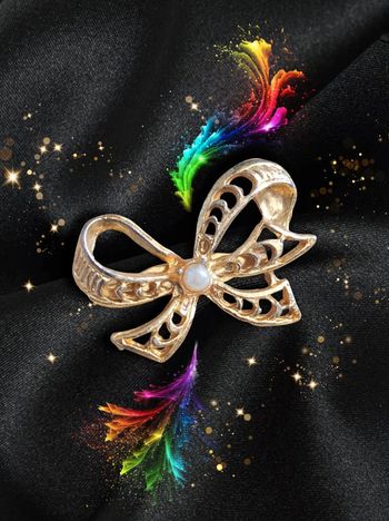 Broche noeud ruban doré perle nacre vintage