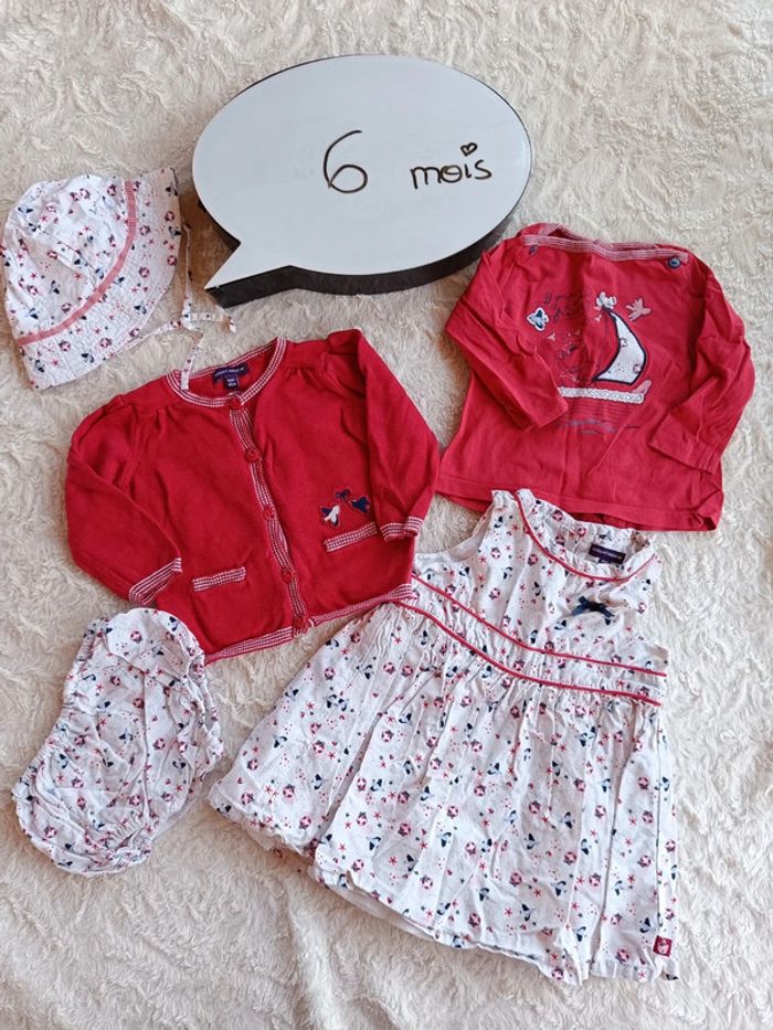 Ensemble 5 pièces (robe+boomer+tee shirt+gilet+chapeau) Fille 6 mois oiseau mer Sergent major