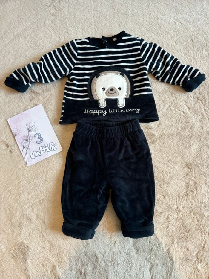 Ensemble marin pull gilet attache dos et pantalon chaud velours doublé 3 mois neuf