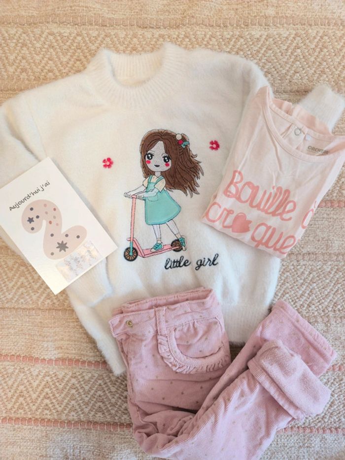 Ensemble 3 pièces chaud rose : haut manches longues, pull et pantalon Orchestra 23 mois