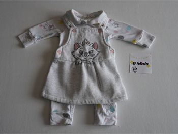 Ensemble "Marie" Disney Baby 0m : robe sweat grise chinée brodée + Combi coton blanche fantaisie