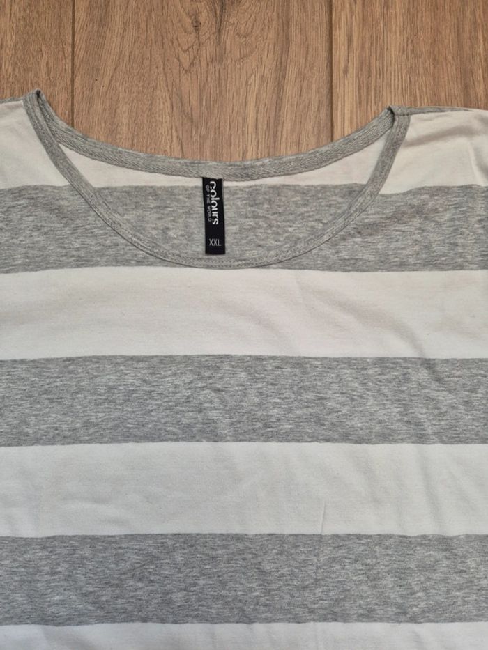 T shirt rayé manches 3/4 gris blanc - photo numéro 3