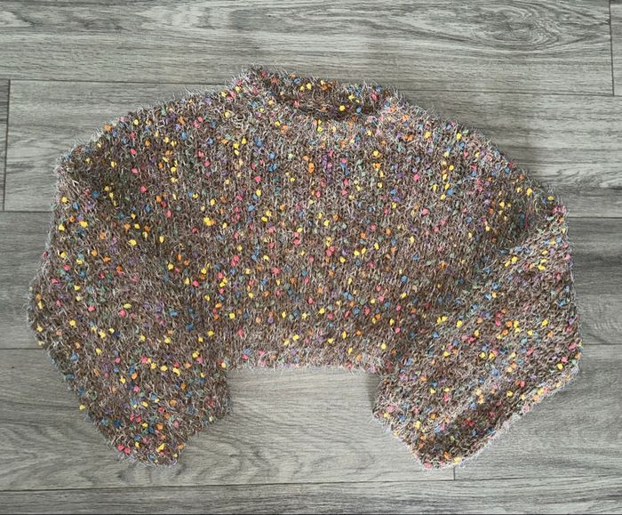Pull crop top en maille chenille marron et multicolore Vintage Tu - photo numéro 8