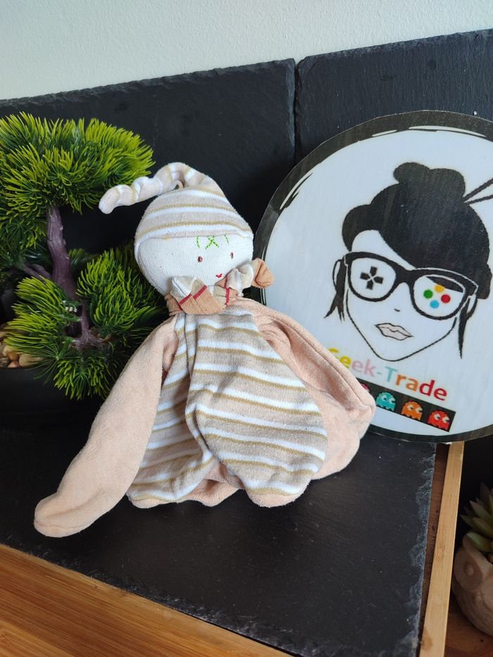 Doudou plat Lutin beige Trefle Dodo d Amour mgm rayé rayure bonnet Fleur Rond