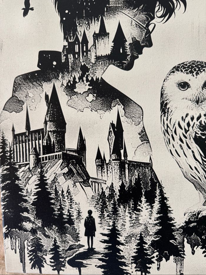 Tableau Harry Potter silhouette Edwige et Poudlard en toile 30x40cm - photo numéro 6