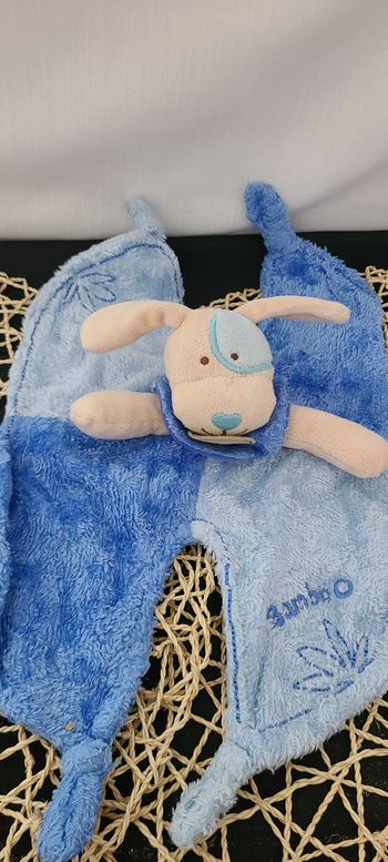 Doudou Semi Plat Chien Bamboo Tons de Bleus Beige Eponge Bio Baby Nat