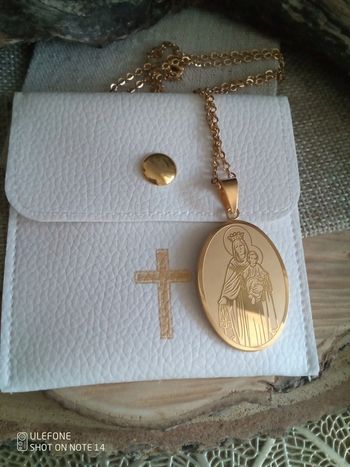 Collier pendentif médaillon sainte Vierge + pochette