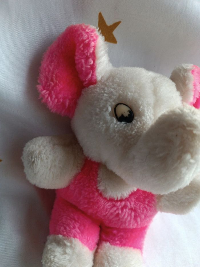 Petite petit small peluche plush Teddy éléphant rose fluo pink bouclette boulgom easy vintage blanc - photo numéro 2