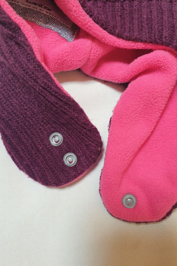 Bonnet chaud bébé fille violet avec oreilles & visage rigolo – doublé polaire - photo numéro 3
