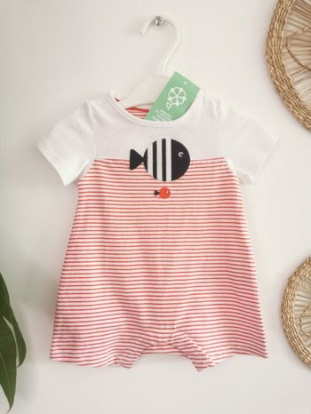 Barboteuse, combicourt à rayures motifs poissons Obaïbi 1 Mois