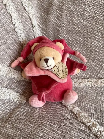 Peluche boule 17cm doudou et compagnie ours arlequin beige et rouge très bon état