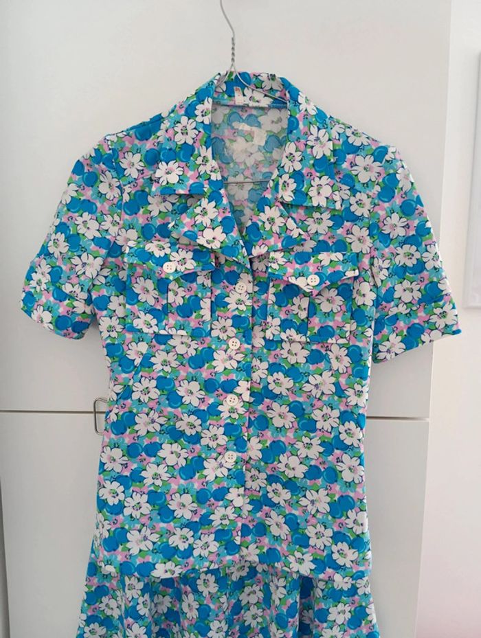 Magnifique Ensemble vintage 70's bleu fleurs roses /blanches taille 34 - photo numéro 14