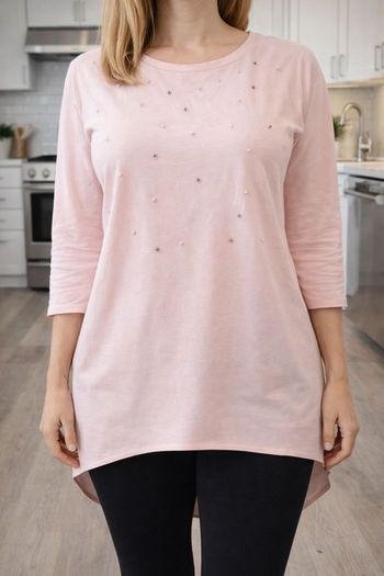 Tunique ample Pull large Femme manche mi-longue Perle cousu Coton Taille Unique Rose (F612)