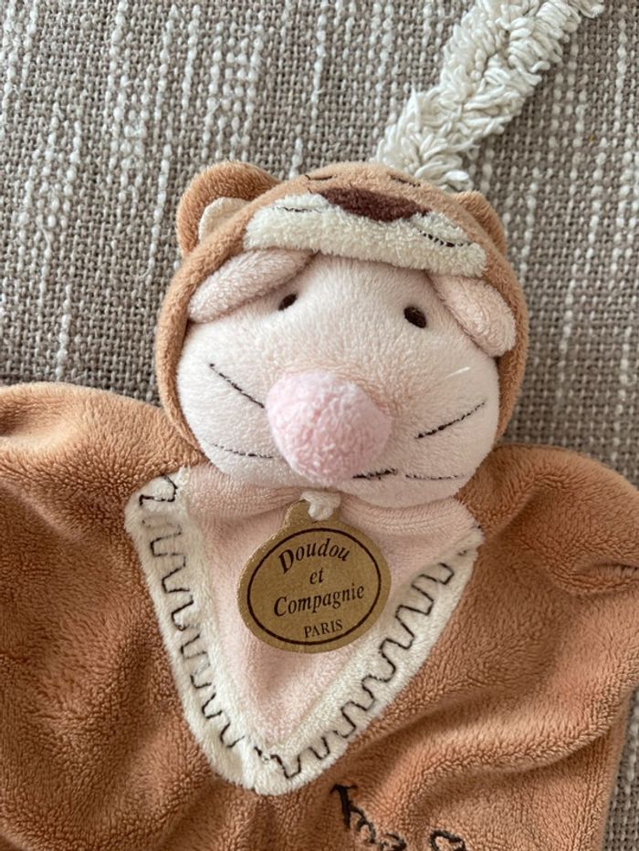 Peluche Doudou et compagnie marionnette 23cm souris déguisé en chat marron beige rose très bon état - photo numéro 2