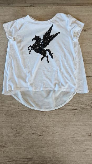 Blouse bmanche à manches courtes, avec licorne en sequin noir, taille 10/12 ans