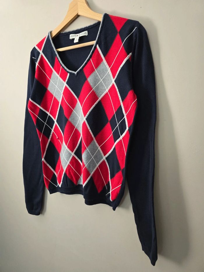Pull Tommy Hilfiger argyle rouge marine gris M col V / style preppy chic - photo numéro 2