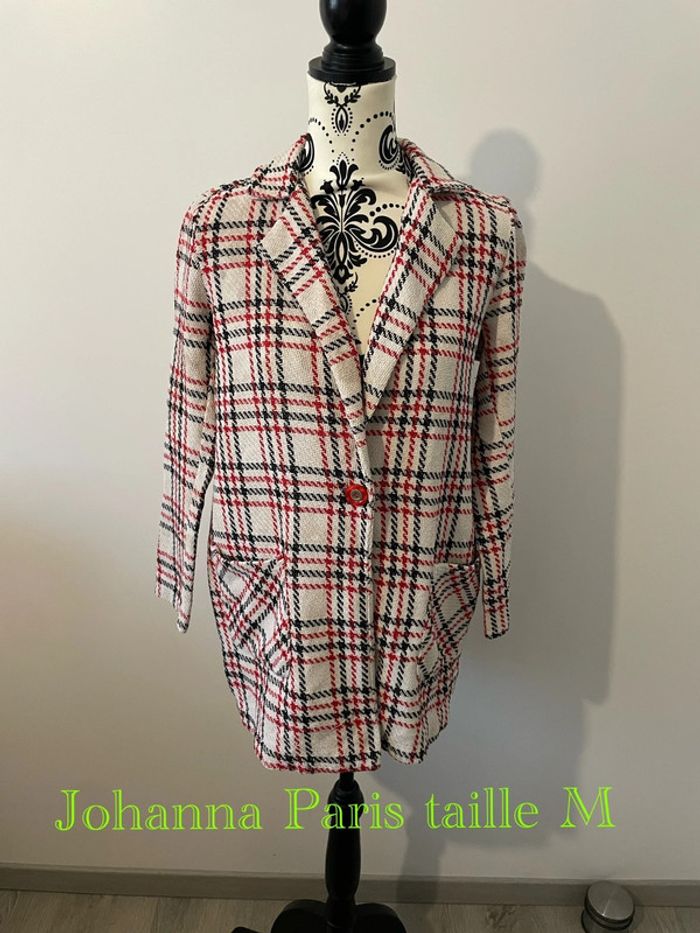 Veste blazer oversize à manches longues à carreaux blanc cassé rouge et noir Johanna Paris taille M