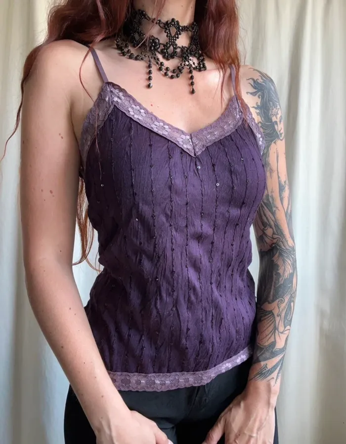 Débardeur violet sequins dentelle Whimsy Whimsical vintage made in France 🇫🇷 90s - Taille M